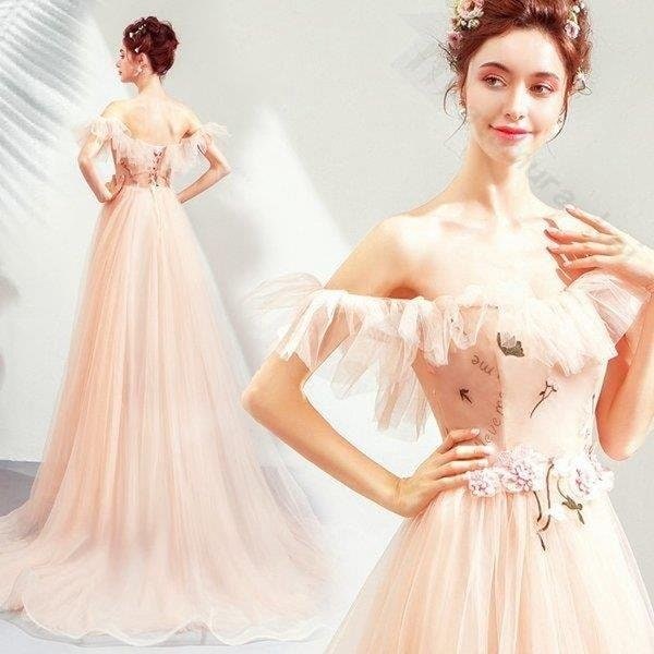 レディース ドレス 結婚式 パーティー 演奏会 ライトピンク ビスチェタイプ 編み上げタイプ ロングトレーン ロングドレス 二次会 大きいサイズ