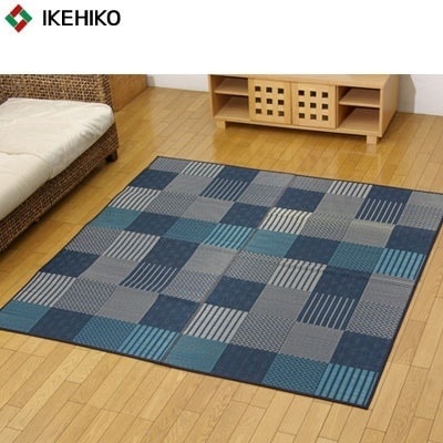 イケヒコ・コーポレーション 純国産 い草花ござカーペット 『京刺子』 ブルー 江戸間2畳（約174×174cm） 4110102 【送料無料】