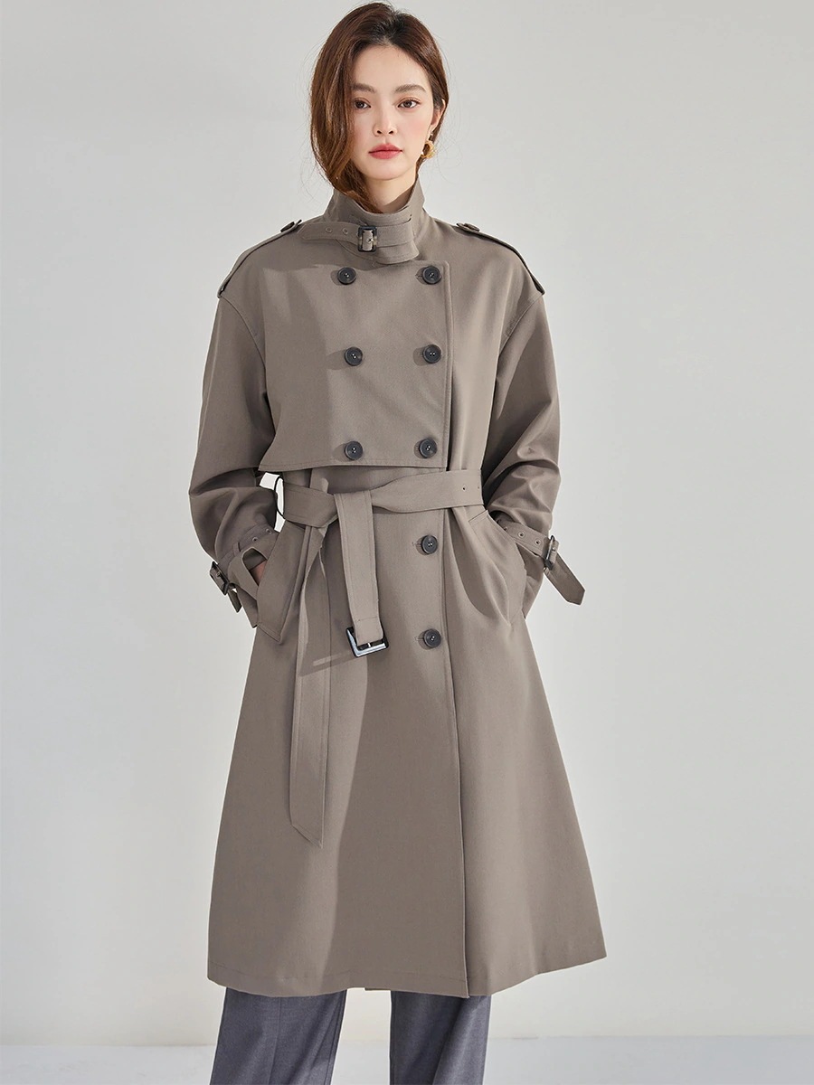 エレガントなクラシックブリティッシュスタイルダブルブレストミディアム丈トレンチコートジャケットレディース