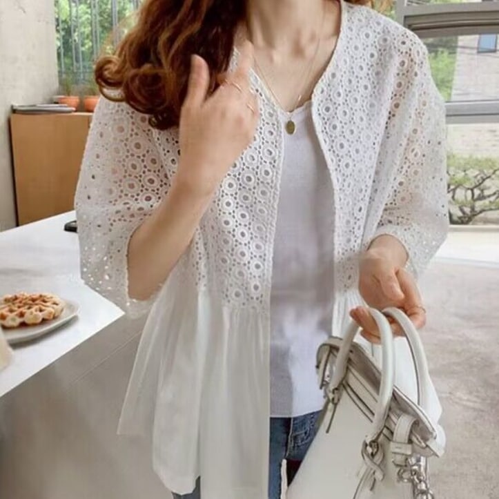 レディース ジャケット カーディガン 上着 都会的 羽織 前開き 7分袖 襟なし ワイド フェミニン レース レースアップ 透け感 薄手 かわいい 大人可愛い きれいめ シンプル カジュアル 上品