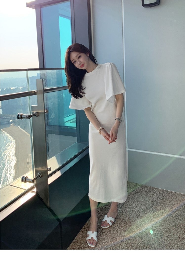 ワンピース ミモレ ミモレ丈 ロング ロング丈 マキシ マキシ丈 9分丈 アンクル丈 半袖 ラウンドネック 襟なし かわいい 大人可愛い きれいめ シンプル カジュアル 大人 おしゃれ お洒落