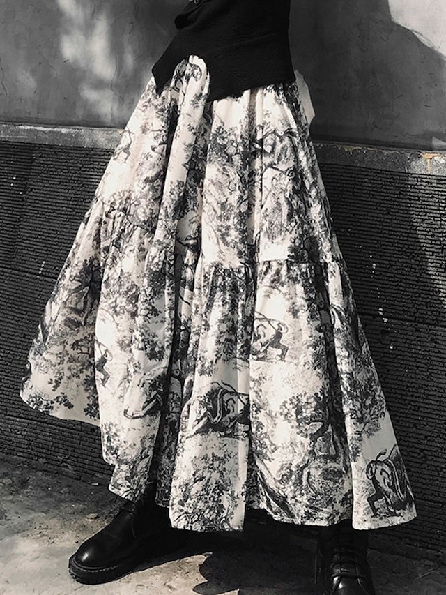 レトロプリント Aラインスカート プリーツスカート ミドル丈 スカート ハイウエスト レディース フ