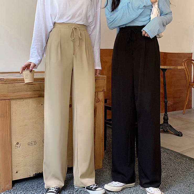 スーツパンツ レディース 春夏秋 ロング丈 ストレート ポケット ウエストゴムと紐 タック ポリエステル 薄手 黒