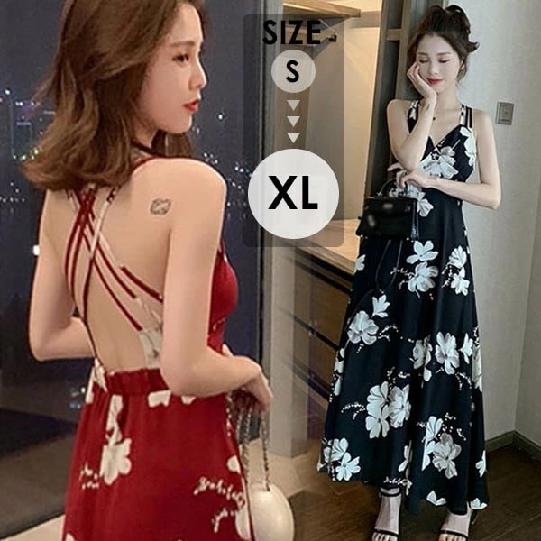 ハワイ リゾートワンピース 沖縄 レディース マキシ丈 無地 背中 開き ビーチ Vネック マキシ サイドファスナー 花柄 ノースリーブ 夏ワンピ 旅行 沖縄 海デート リゾートワンピ 大人かわいい 6,760円