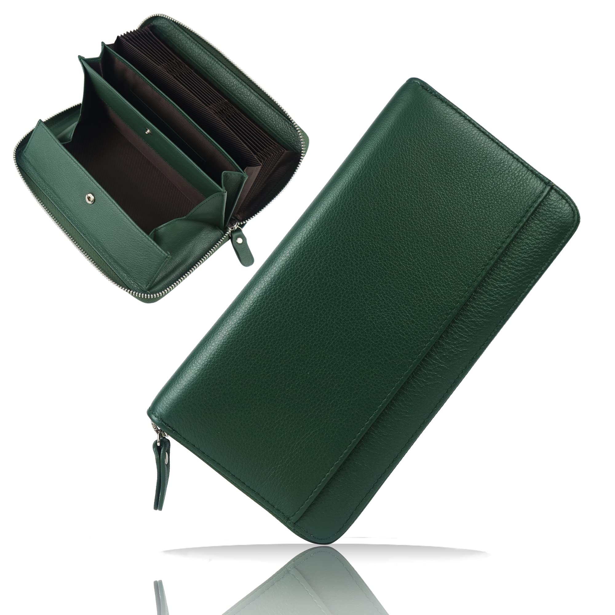 [jxleichi] 財布 長財布 カードケース 本革 ラウンドファスナー 大容量 25枚カード収納可能 スキミング防止 磁気防止 お札入れ 小銭入れ 20*10.8*2.5cm グリーン