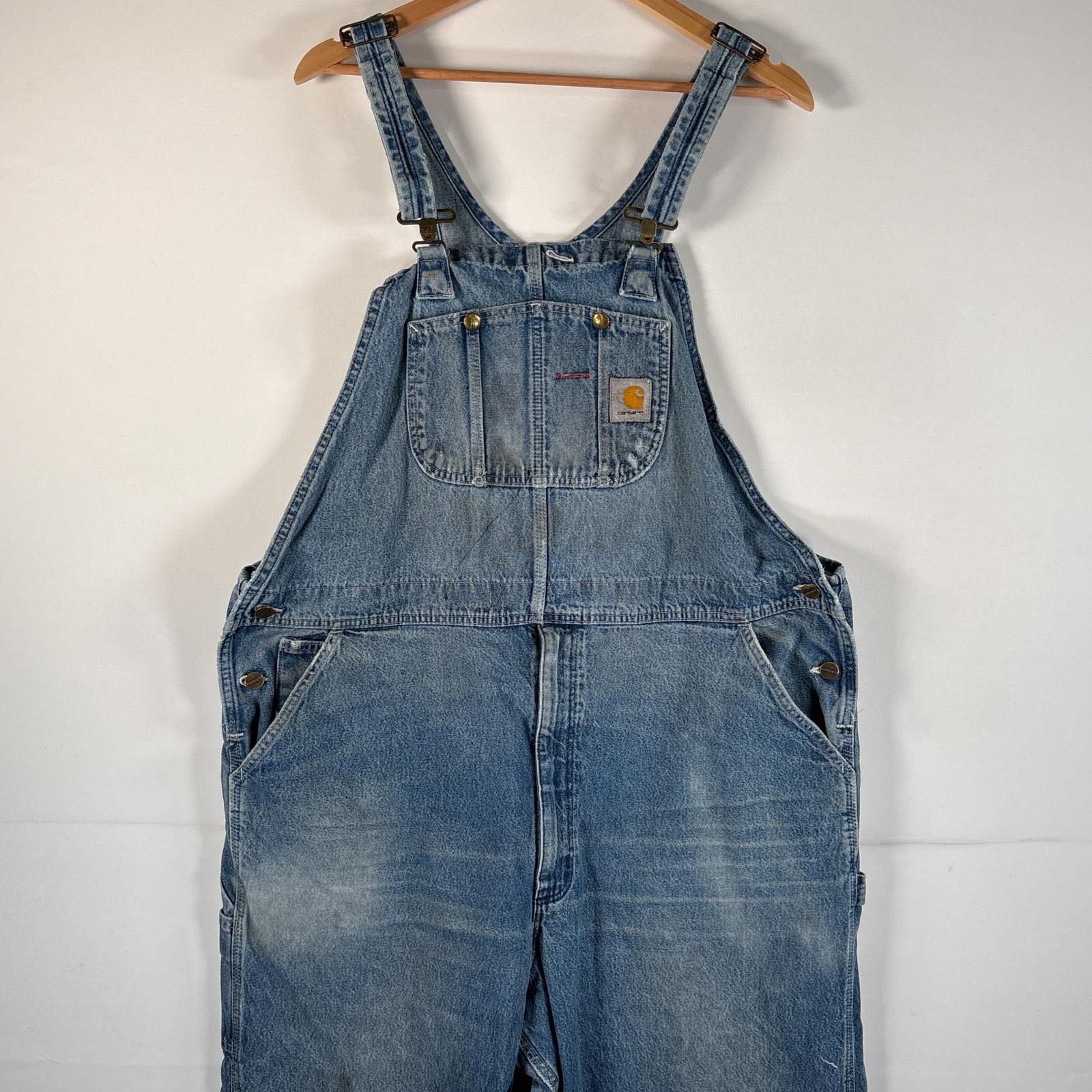 古着 オーバーオール デニム ワーク ワンポイントロゴ 大きいサイズ ハンマーループ w44 L32 ブルー系 メンズ