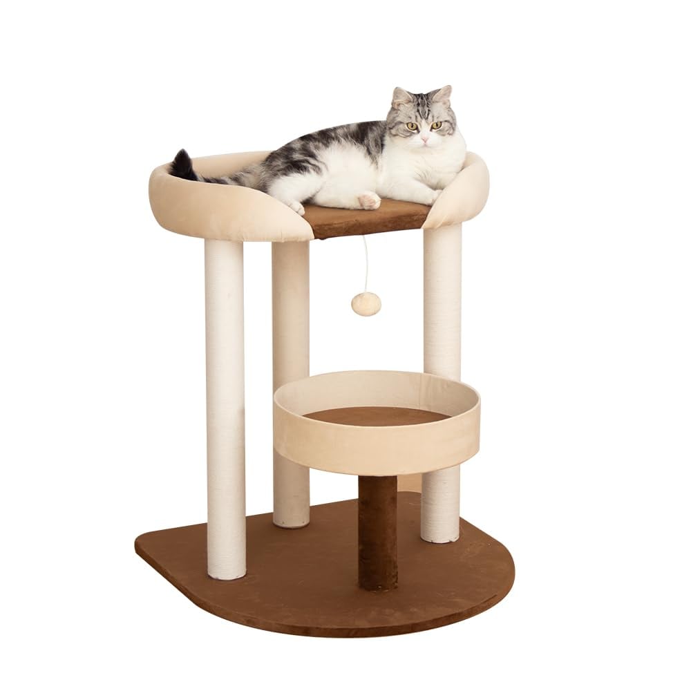 LULUCAT キャットタワー クッション入りベッド巨大土台 据え置き おしゃれ 多頭飼い コンパクト シニア猫 大型猫 安定感 低め 転倒防止デザイン 展望台 猫ベッド 運動不足解消 省スペース