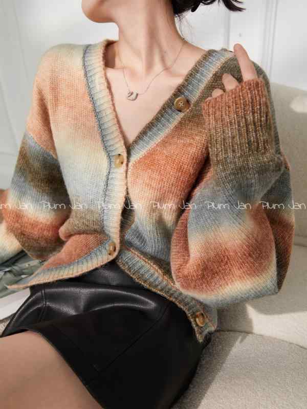 カーディガン レディース 春秋 ニット 長袖 トップス Vネック ボタン ショート丈 保温 おしゃれ カジュアル グラデーション ストライプ