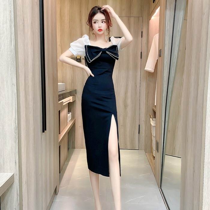 キャバ キャバ嬢 ワンピース パーティドレス キャバドレス レディース 黒 ブラック セクシー タイトワンピ リボン 大きいリボン きれいめ カッコイイ 大きいサイズ XL スリット サイドスリット