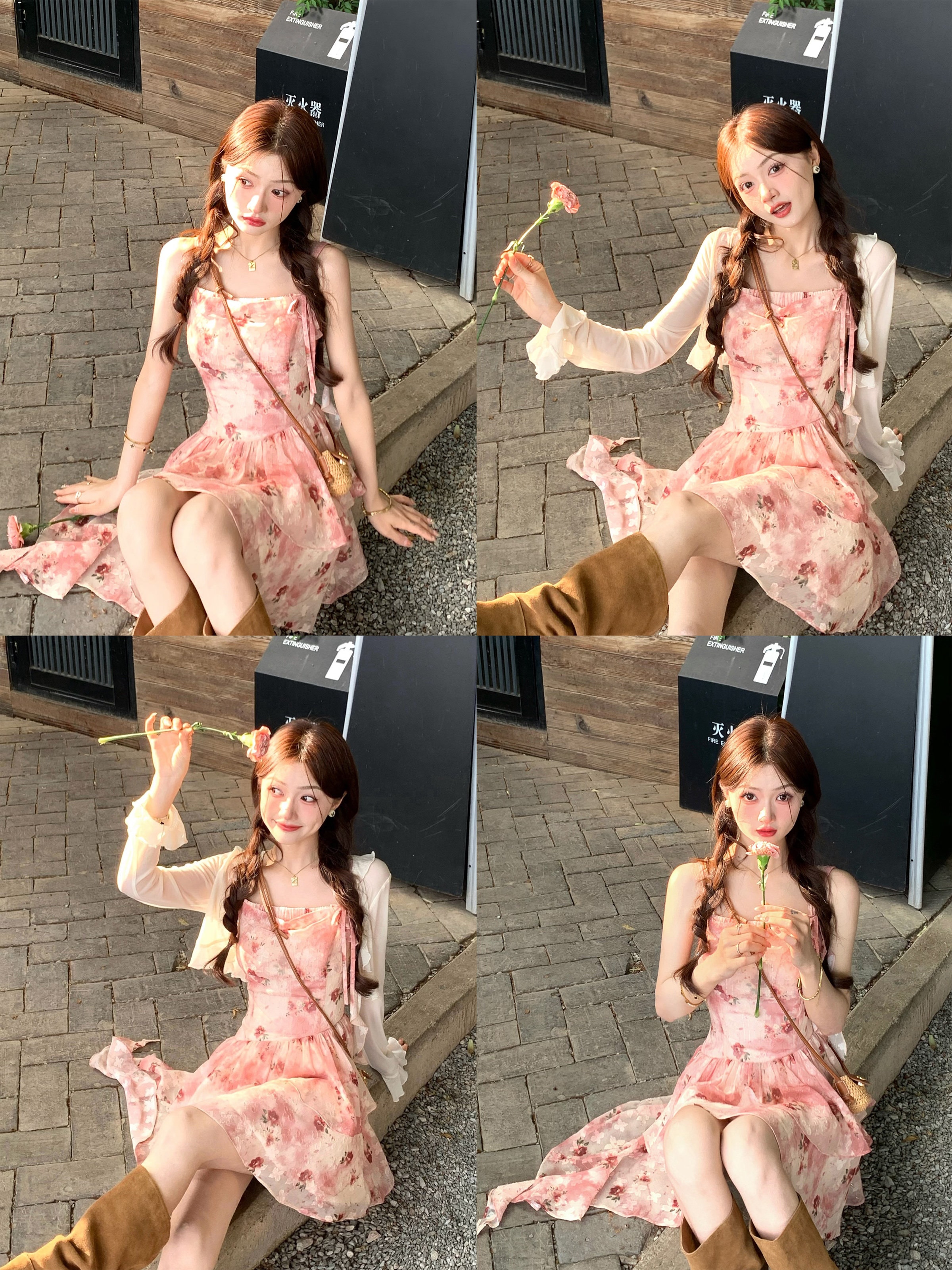 女性用花柄ドレス野バラの雰囲気漂う美しい赤い小花柄のノースリーブ着痩せ効果のある夏向け