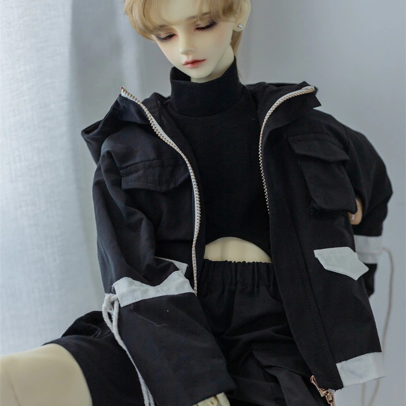 BJD ドール服 1/3 70cm 75cm 3点セット ジャケット ハイネックパーカー 短パン 黒色 ID75/70cm級/SDサイズ球体関節人形用衣装 ドールウェア