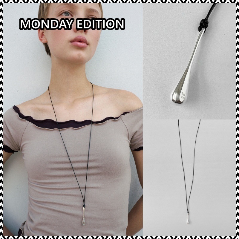 MONDAY EDITION Silver Drop Black String Necklace