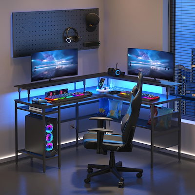L字型ゲーミングデスク 電源コンセント&LEDライト付き