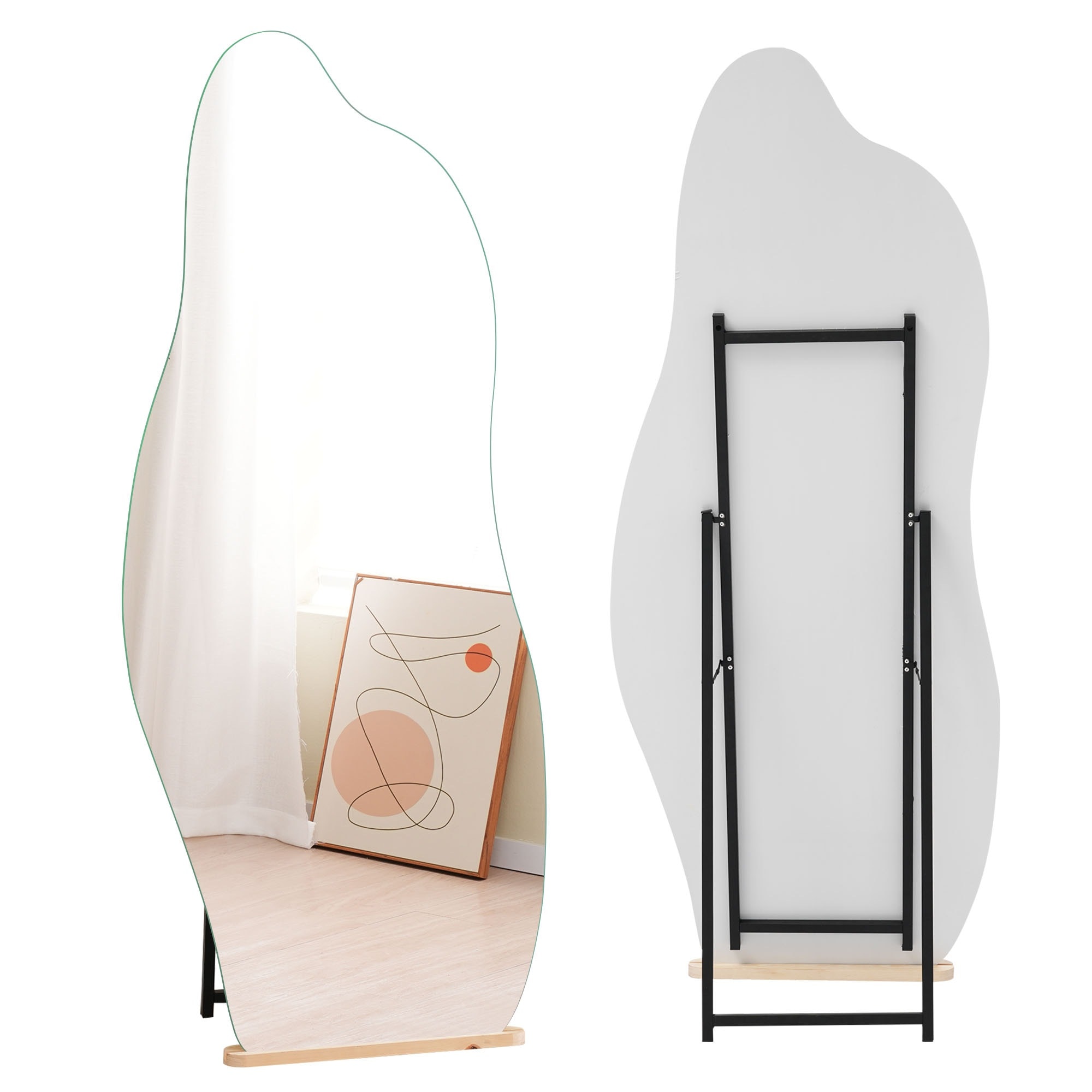 2030全身鏡 姿見鏡 スタンドミラー ノンフレーム イレギュラミラー 立てかけ 姿見 鏡 ミラー おしゃれ 大型 飛散防止 木製台あり 170*70CM