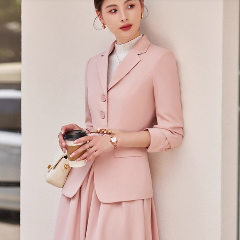 レディース スカート スーツ ミモレ ロング 長袖 Vネック セミフレア スリム Aライン ウエストゴム きれいめ シンプル 上品 おしゃれ クール エレガント 存在感 フォーマル 都会的
