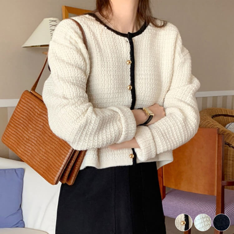 カーディガン レディース 韓国 ショート丈 長袖 ライン パイピング ノーカラー ニット ジャケット 金ボタン ゆったり カジュアル オフィス 春