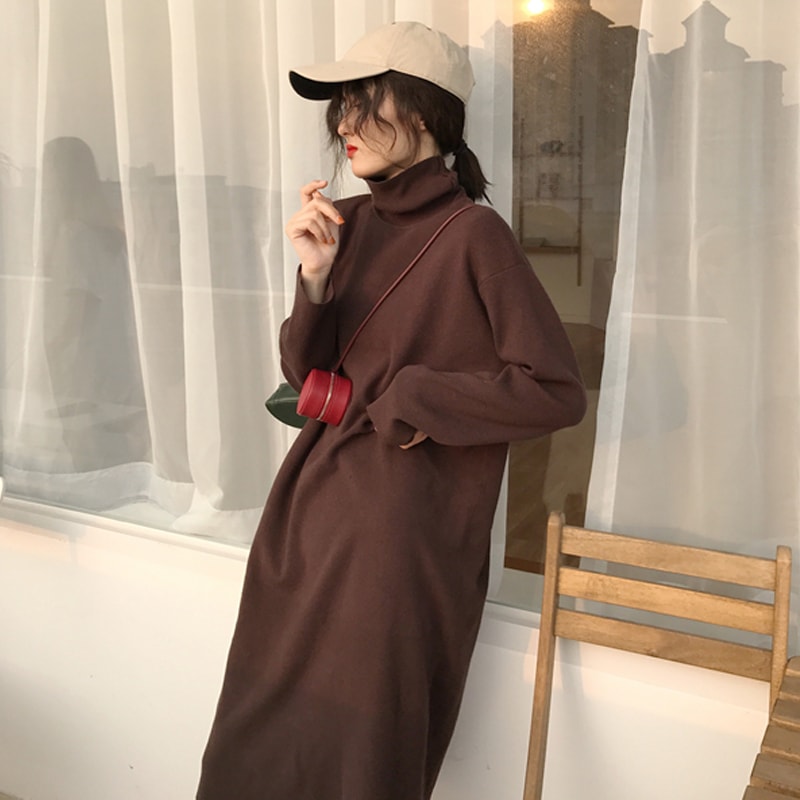 ワンピース セーター 長袖 白 ホワイト 黒 ブラック 茶色 タートルネック ストレート 冬新作入荷