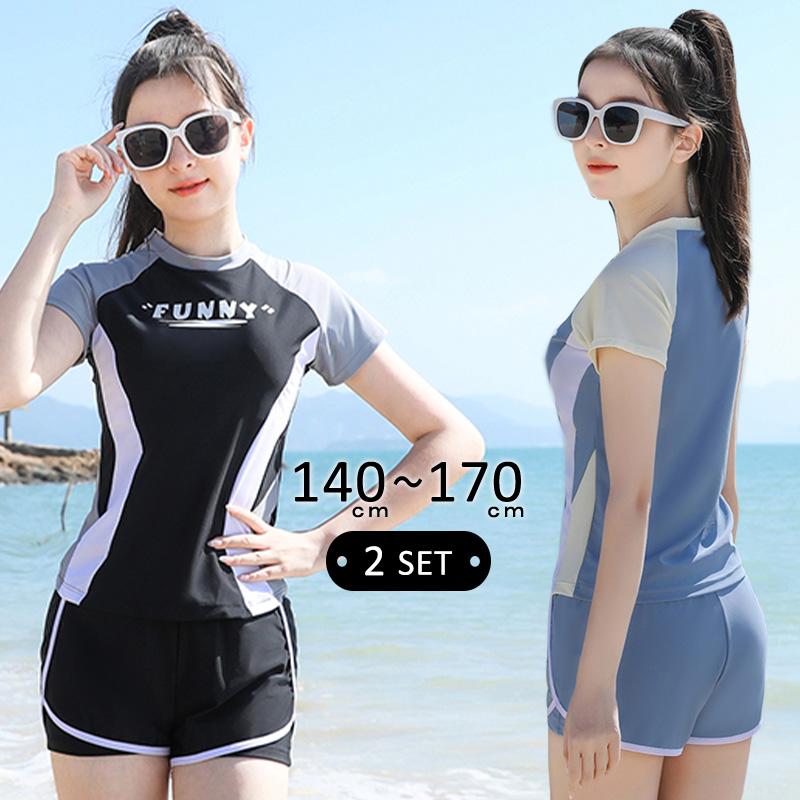 ジュニア 水着 キッズ 女子 セパレート 体型カバー 2点セット トップス 半袖 ショートパンツ 小学生 高学年 中学生 140 150 160 165 170