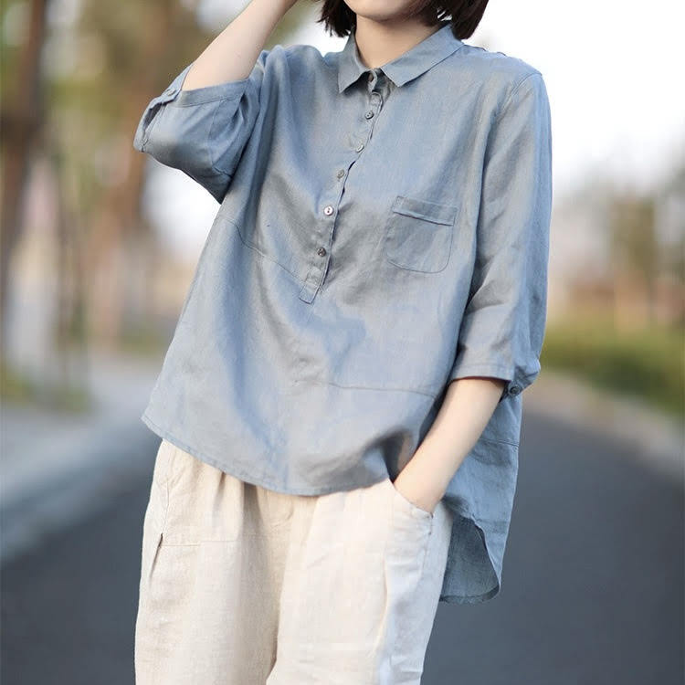 レディース トップス シャツ 七分袖 襟付き ポロカラー ボタン コットン リネン 薄手 スリム 細身 きれいめ 上品 おしゃれ お洒落 大人可愛い かっこいい 大人女子 カジュアル シンプル