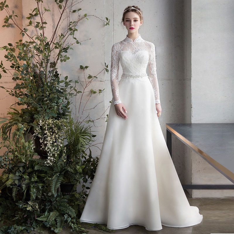 結婚式 リゾートドレス Ａライン 二次会 ウェデイングドレス 長袖 Aラインドレス 花嫁 ウェディングドレス 小きいサイズ