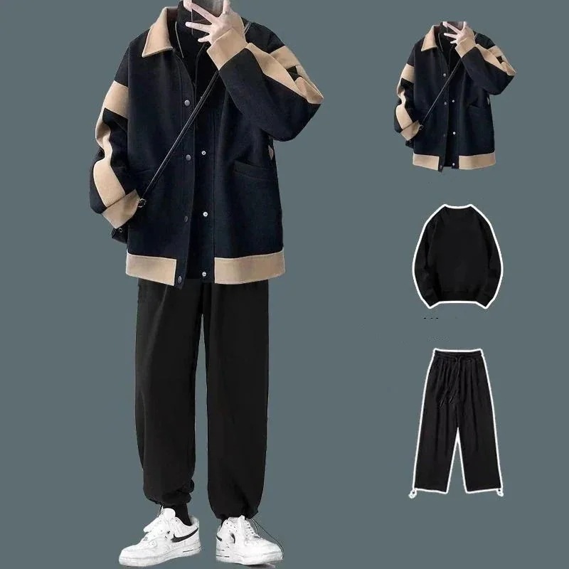 入荷オシャレトレンド上下3点セット メンズファッションウールジャケット+百掛けTシャツ+カジュアルスウェットパンツセット1