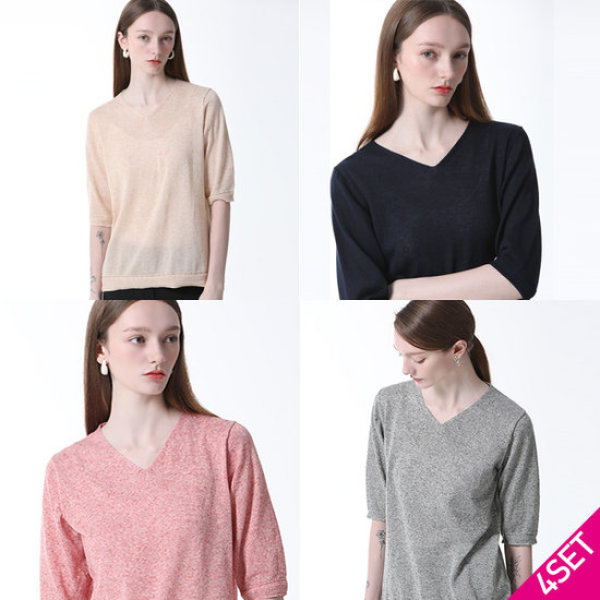 LEOT リネン ウォッシャブル Vネック 半袖ニット 4点セット