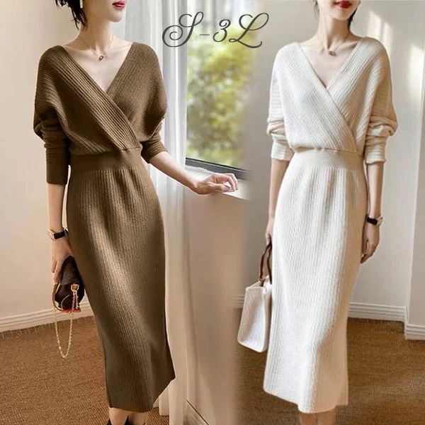 ワンピース レディース Vネック 長袖 ニットワンピ 春 春物 ブラウン オフホワイト お呼ばれ オフィス きれいめ 体型カバー 通勤 S M L LL 3L dv221zezeg5