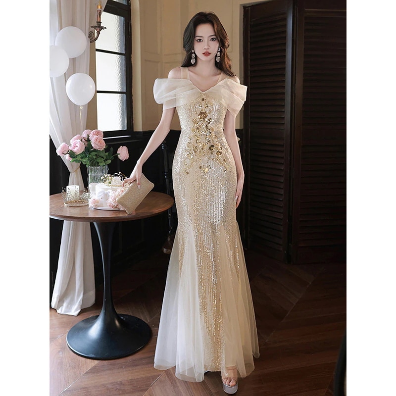 サスペンダー付き女性用スパンコールイブニングドレショルダースタイル主催宴会誕生日フラッシュサマー