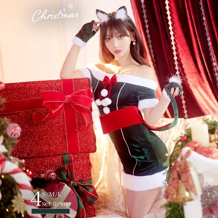 サンタコスプレ レディース 4点SET オフショル ビッグリボン 猫耳 タイト サンタコスチューム【2024クリスマス】 デイジーストア dazzy