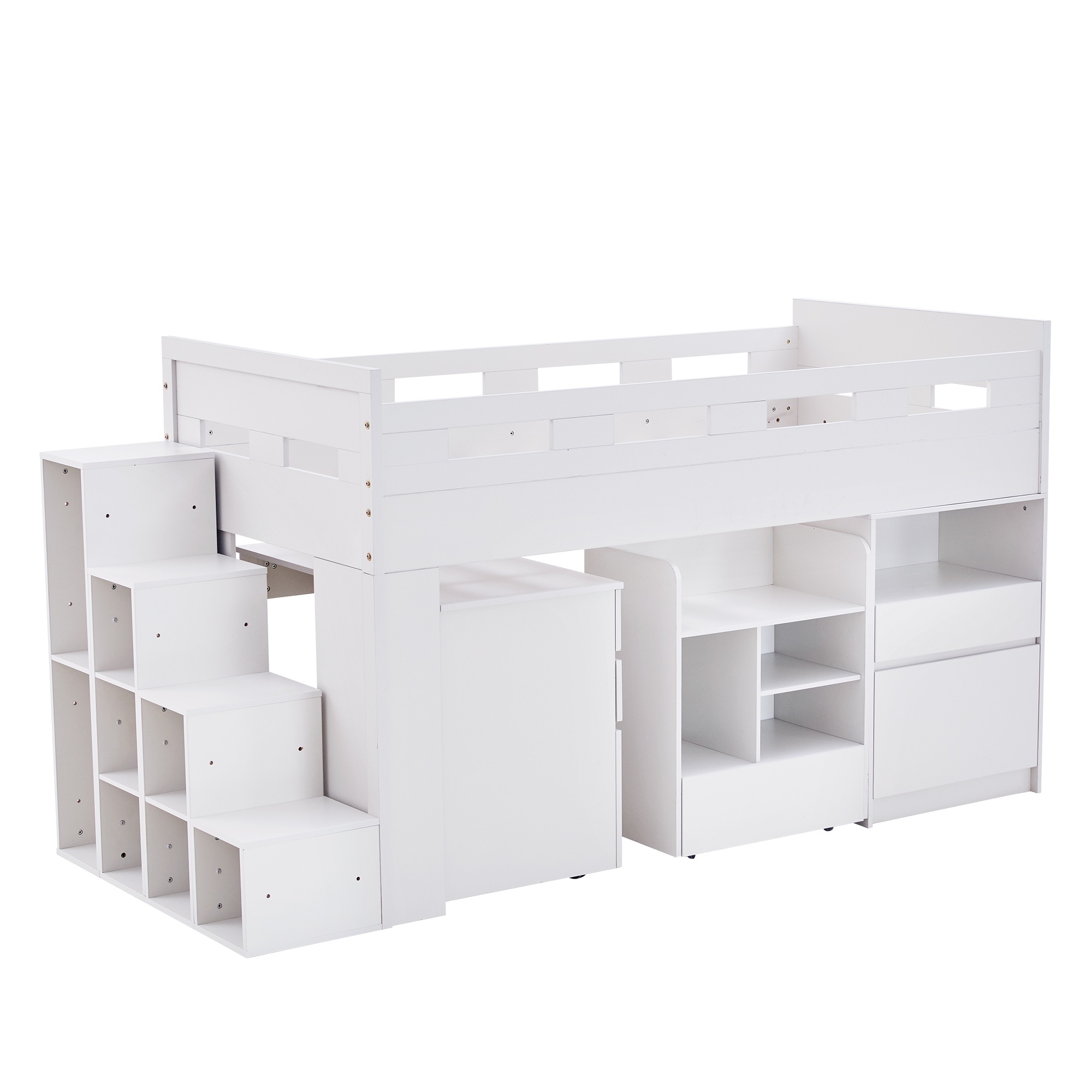 国内発送！A170【4梱包】システムベッド ロフトベッド 階段付き S 木製 シングル ベッド ロータイプ ベッド デスク 本棚 机付き コンパクト 本棚付き 収納 大人 一人暮ら 大容量収納 ロフト