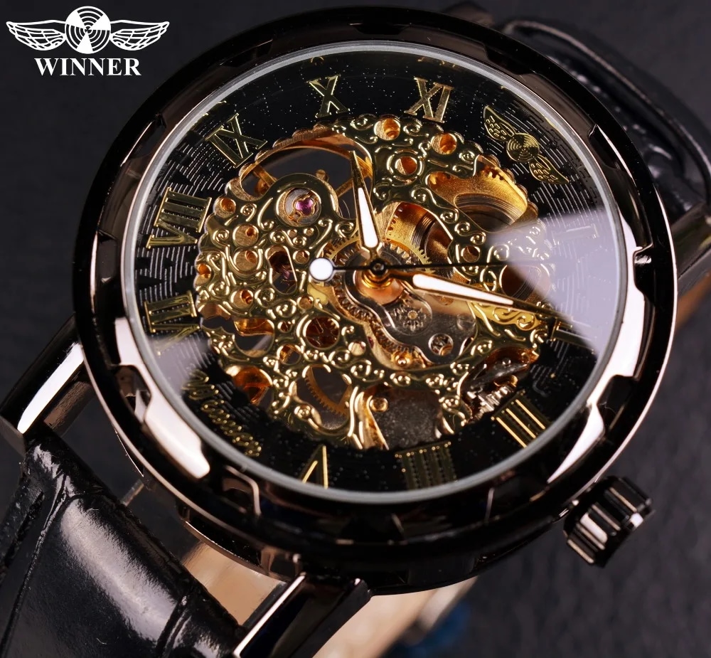 Winner ブラック 男性 時計 男性 relogios スケルトン メンズ 腕時計 高級 montre 革 腕時計 男性 マシン式