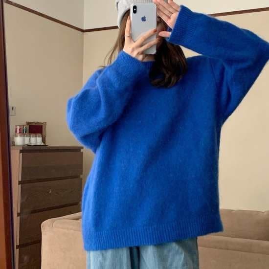 セーター ニット 長袖 プルオーバー レディース 韓国 ファッション 無地 ブルー ロイヤルブルー