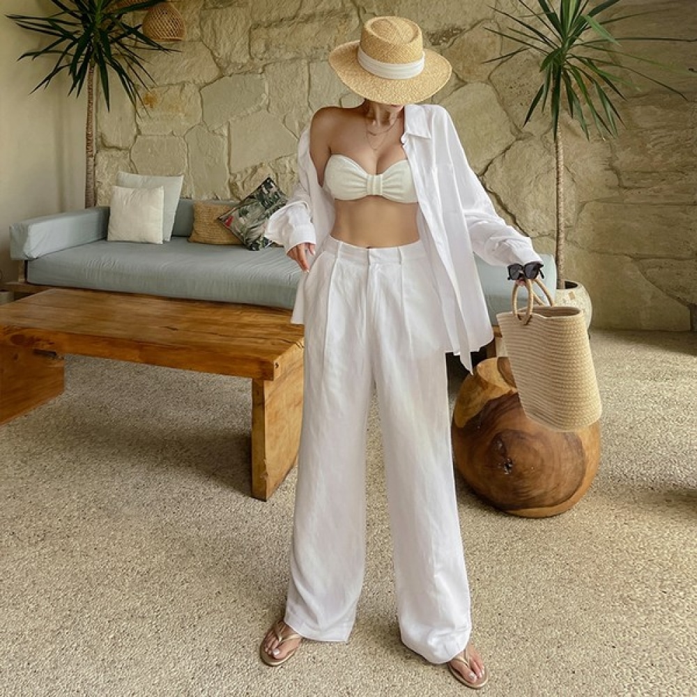 (ビバラップ) プリンリネンセットアップ NB20057F ホワイトシャツスラックスワイドルーズフィットバックバンディングシンプルセット