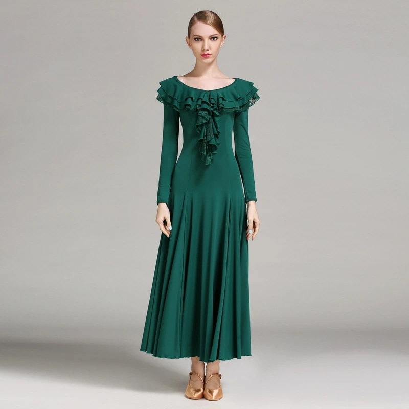 全4色 モダンダンス 社交ダンス衣装 レース 緑 フレア フリル 可愛い 社交ダンスドレス ブルー 赤 黒 モダンドレス ダンスウェア ワルツ専用ドレス スタンダード ボールルーム衣装 競技用ドレス