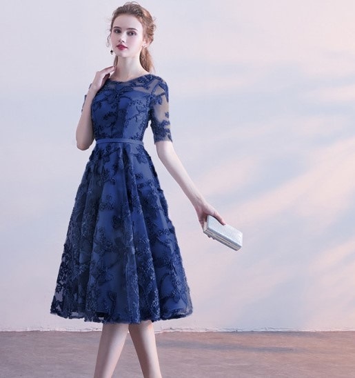 1914.花柄シースルードレスワンピース（ネイビー）2019 春夏 sale ドレス Aライン Uネック ミディアム 半袖 ミモレ丈 レース エレガント お呼ばれ パーティー 結婚式 披露宴 女子会