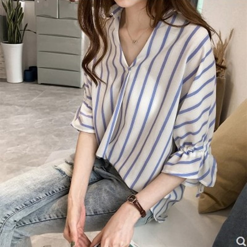新品 大人気 tシャツ Tシャツ シャツ ブラウス レディース フリル袖 ストライプ Vネック シャツ 七分袖 体型カバー