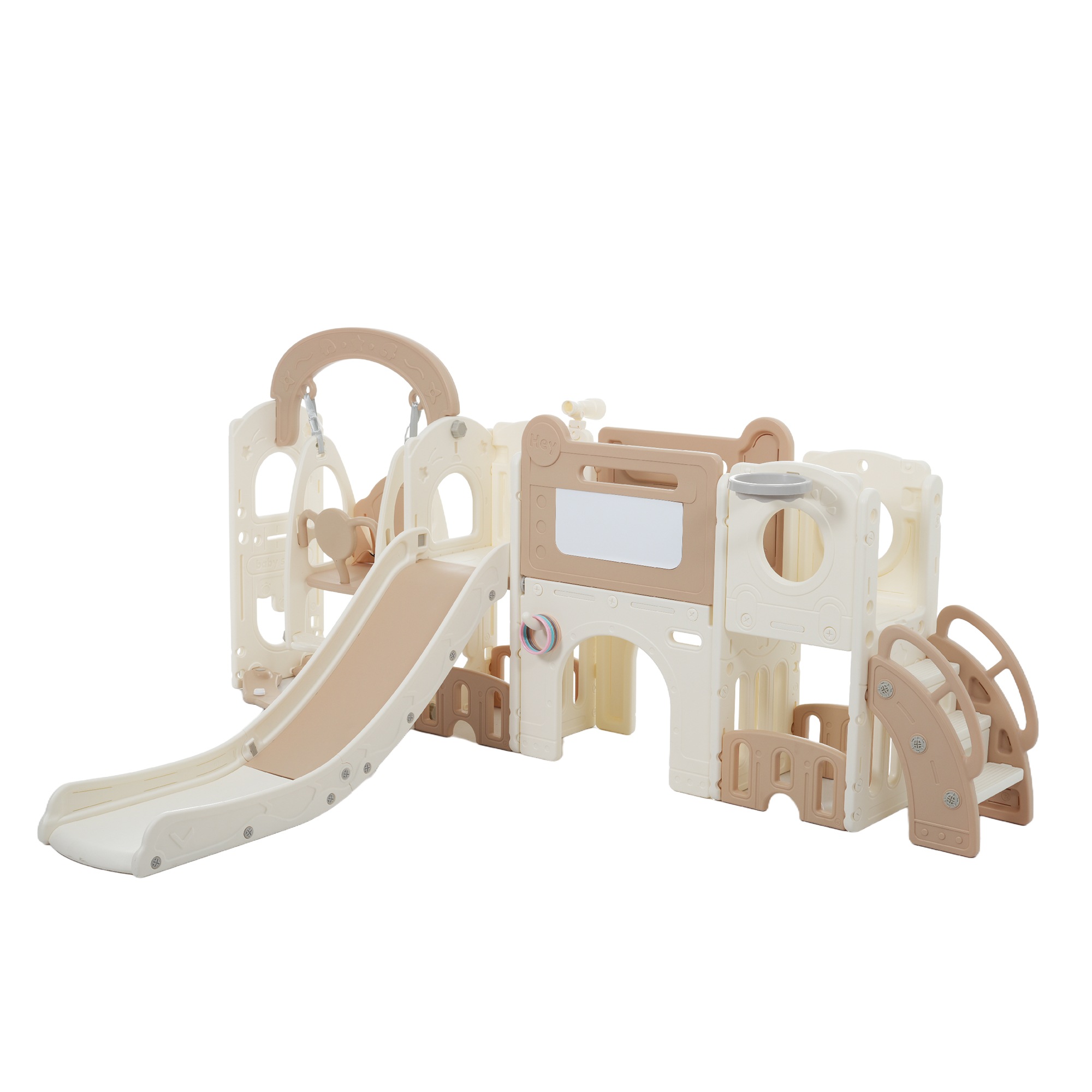 【国内発送 無-送料】617【TYPE D】すべり台 キャッスル ブランコ 大型遊具 すべりだい スライダー 室内 遊具 バスケットゴール 収納 ベージュ×ブラウン