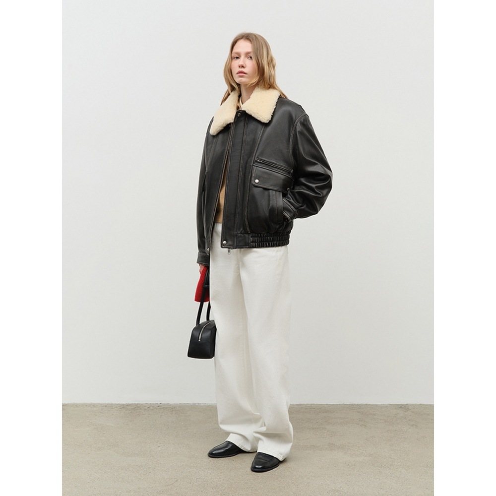 Dunst 女性用ユニセックスファーデタッチャブルアビエイターレザージャケットブラッシュドブラック UDJU4D126G3