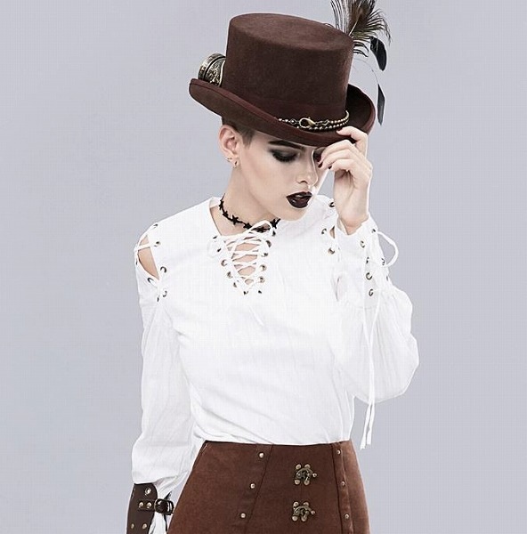 特別ご案内ハロウィン特集 「スチームパンク レトロ レースアップ ホワイト 綿100% ロングスリーブ ブラウス」
