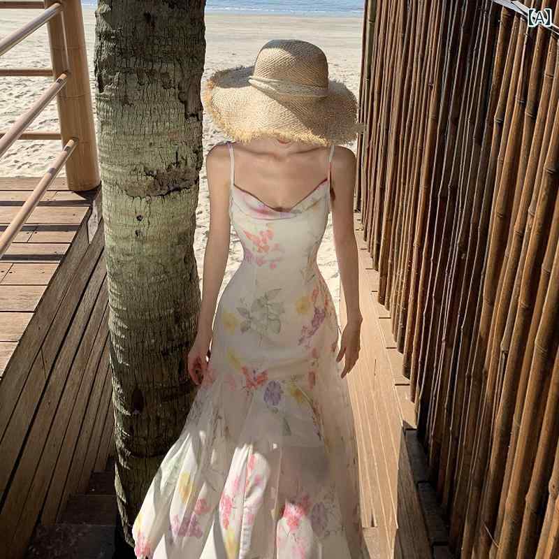 リゾート ワンピース 大人 レディース フリル フィッシュテール ドレス フレンチ スリム ウエスト 花柄 サスペンダー ドレス ビーチ ドレス