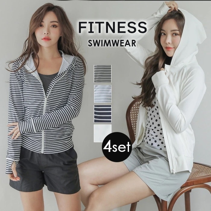 【お得 激安販売！】体型カバー 水着 レディース 長袖ラッシュガード 4点上下セット フィットネス水着 セパレート かわいい タンキニ ショートパンツ ママ 露出控えめ 黒 スポーツウェア 水陸両用