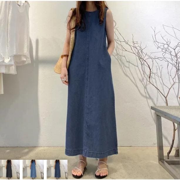 デニムワンピース 薄手 七分袖シャツワンピ ロングワンピース カジュアル ベルト付き 春秋