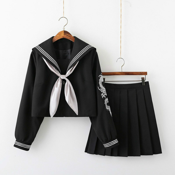 学生服 ブラック 黒色 靴下付4点セット 上下セット セーラー服　長袖 セーター別売有 女子制服　J