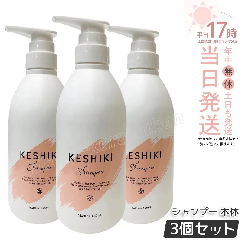 【3個セット】ケシキ シャンプー 480ml 本体 KESHIKI ヘアトリートメント 潤い成分 美容液 保湿成分 ダメージ補修 サロン専売品 美容室 美容院 天然由来成分