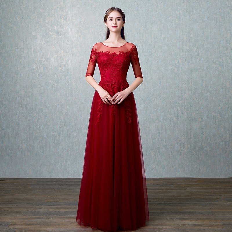 カラードレス 袖あり 赤 イブニングドレス 花嫁 ロングドレス 演奏会 パーティードレス 結婚式 ウ