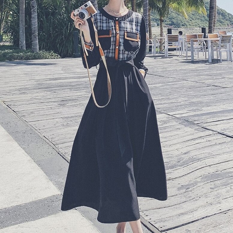 チェック切り替えワンピース ハーフチェックラウンドネックフレアミモレドレス