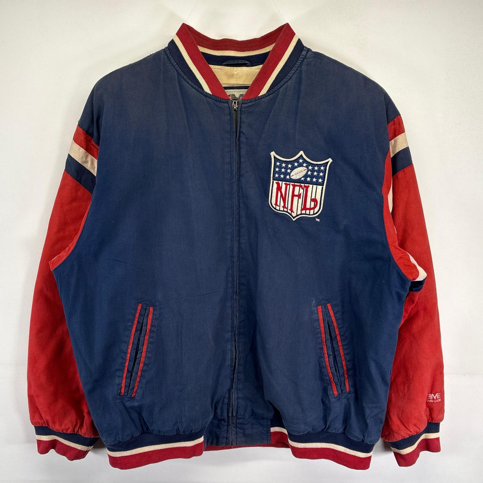 古着 MIRAGE スタジャン 大きいサイズ NFL ビックワッペンロゴデザイン 中綿 スポーツ チーム 裏地プリント 2XL ネイビー メンズ