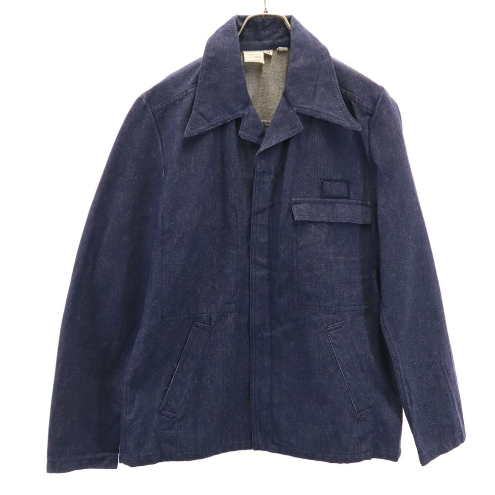 ヴィンテージ 70s デカ襟 開襟 PRESTILジップ ユーロワーク フランス デニム ジップジャケット 44 ブルー VINTAGE フレンチワーク 真紺 メンズ