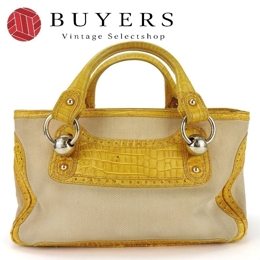 中古 ハンドバッグ ブギーバッグ キャンバス レザー イエロー ベージュ ゴールド金具 型押し カジュアル 普段使い レディース 女性