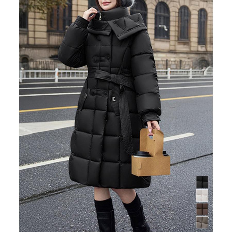 フード付き フェイクダウンコードロング丈